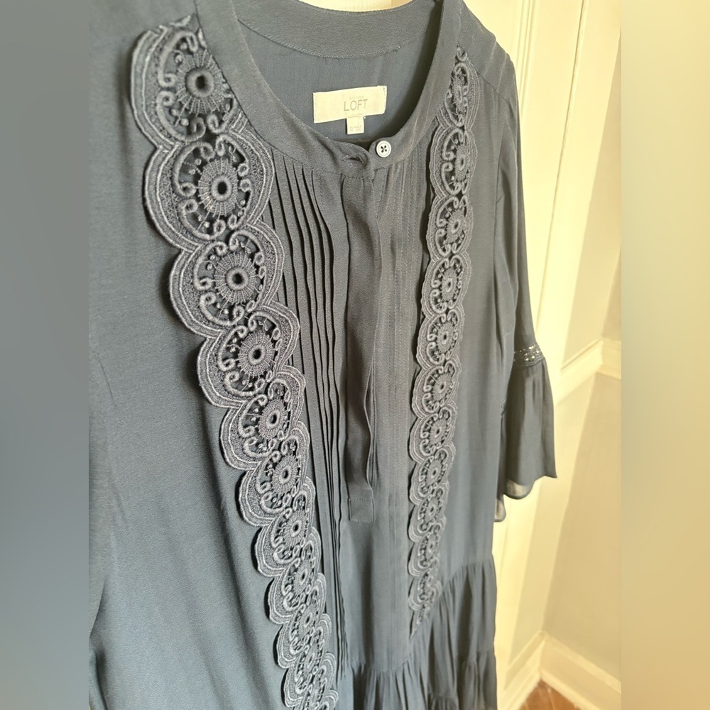 LOFT Navy Blue Embroidered Drop-Waist Dress – Size 12 – Dark Boho Beauty - Picture 5 of 14